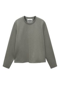 Sweatshirt à manches longues et col rond en vert olive atténué avec un détail de couture centrale et une coupe décontractée.