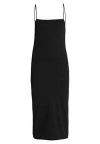 Robe midi noire sans manches avec fines bretelles spaghetti et encolure droite, silhouette cintrée, design épuré.