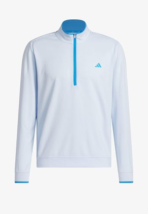 Lichtblauwe lange mouwen pullover met een kwartrits, voorzien van een contrasterende blauwe kraag en logo op de linkerborst, gemaakt van gestructureerde stof.