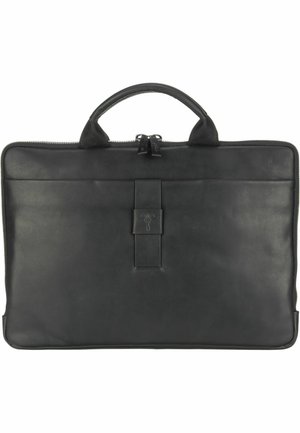 Zwarte leren laptoptas met ritssluiting, dubbele handvatten en een centraal banddetail. Gladde textuur met subtiele glans. Minimalistisch ontwerp.