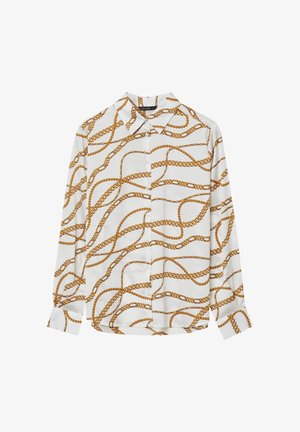 Weißes Langarmhemd mit goldfarbenem Kettenmuster, mit Kragen und Knopfverschluss. Glattes Material mit lockerer Passform.