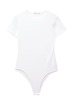 Weißer Kurzarm-Bodysuit aus glattem Stoff, mit Rundhalsausschnitt und hohem Beinausschnitt, ohne sichtbare Muster oder Beschläge.