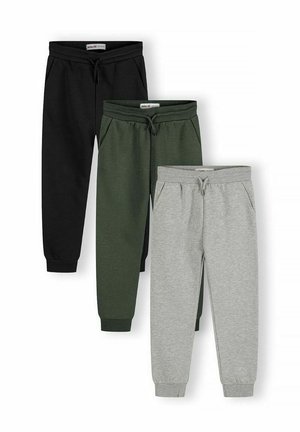 Drie paren joggers: zwart, olijfgroen en grijs. Katoenmengsel, elastische taillebanden met trekkoorden, taps toelopende manchetten en zijzakken.