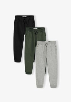 Three pairs of joggers: black, olive green, and grey. Cotton blend, elastic waistbands with drawstrings, tapered cuffs, and side pockets.