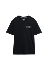 Camiseta de algodón negra con cuello redondo, mangas cortas y un pequeño logo blanco "SUPERDRY" en el pecho. Textura suave, corte regular.