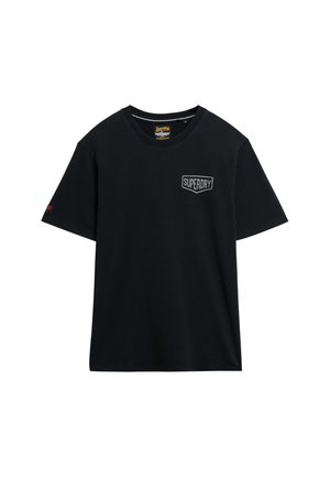 Czarny bawełniany T-shirt z okrągłym dekoltem, krótkimi rękawami i małym białym logo "SUPERDRY" na klatce piersiowej. Gładka tekstura, standardowy krój.