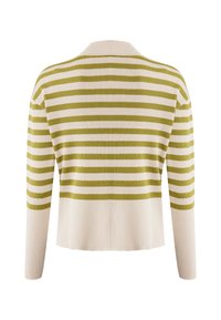 Pull à rayures avec des lignes horizontales en vert olive et crème, texture côtelée, manches longues et encolure ronde.