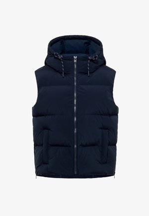 Gilet imbottito senza maniche blu navy con cappuccio, chiusura frontale con zip, due tasche laterali e dettagli con coulisse sul cappuccio.