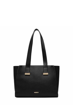 Schwarze, strukturierte Ledertasche mit zwei Griffen und kleiner goldener Logoplakette mit der Aufschrift MEXX vorne in der Mitte.