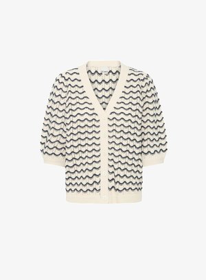 Cream cardigan with wavy navy pattern, short puff sleeves, deep V-neck, and five white buttons down the front. Knitted texture.