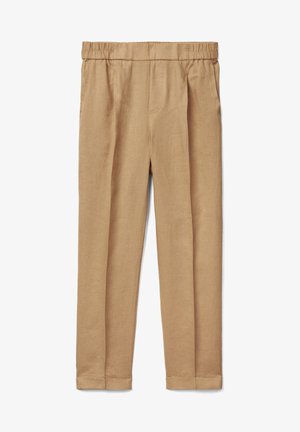 Beige linnen broek met een elastische tailleband, rechte pijpen, voorplooien en twee zijzakken. Vlotte textuur en eenvoudige zoomdetails.