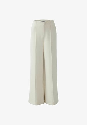 Wijde broek in lichtbeige stof met een gladde textuur, voorzien van een voorste plooi en een hoge taille voor een nette pasvorm.