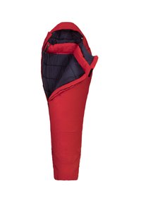 Sac de couchage rouge avec une forme contournée, texture matelassée et un intérieur bicolore en bleu marine, doté d'un design partiellement ouvert pour un accès facilité.