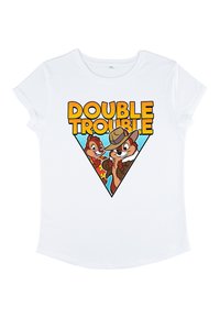 Biała bawełniana koszulka T-shirt z kolorowym nadrukiem przedstawiającym dwa kreskówkowe wiewiórki, z tekstem "PODWÓJNE KŁOPOTY" w pogrubionych, żółtych literach.