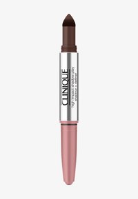 Clinique high-impact shadow stick, dual-ended with a dark brown pigment tip and a pink, rounded base; smooth texture for easy application.