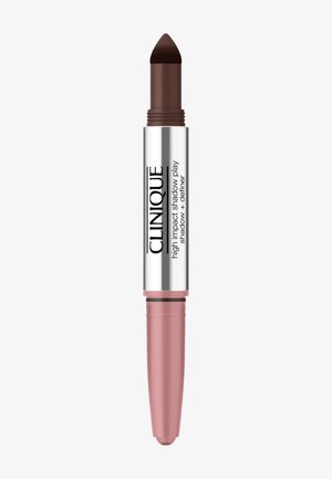 Clinique High-Impact Lidschatten-Stift, doppelseitig mit einem dunkelbraunen Farbtupfer und einer rosa, abgerundeten Basis; glatte Textur für eine einfache Anwendung.