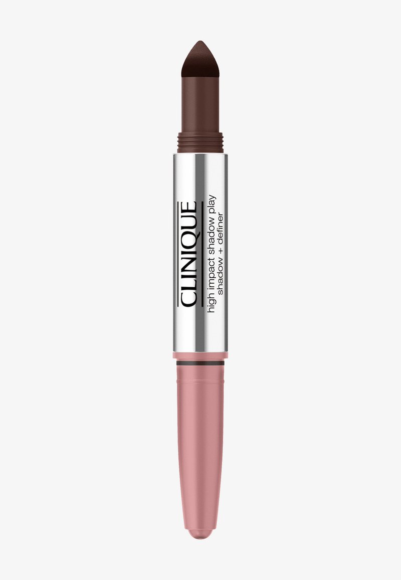 Clinique high-impact shadow stick, dual-ended with a dark brown pigment tip and a pink, rounded base; smooth texture for easy application.