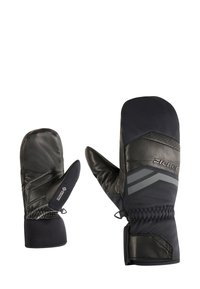 Schwarze Leder- und Textilhandschuhe mit verstärktem Griff, elastischem Bund und grauen Akzenten. Das Design umfasst einen Daumen und einen separaten Zeigefinger.