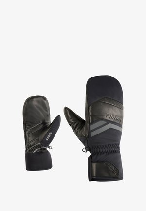 Black leather and textile mittens with a reinforced grip, elastic cuff, and gray accents. Design features a thumb and a separate index finger.