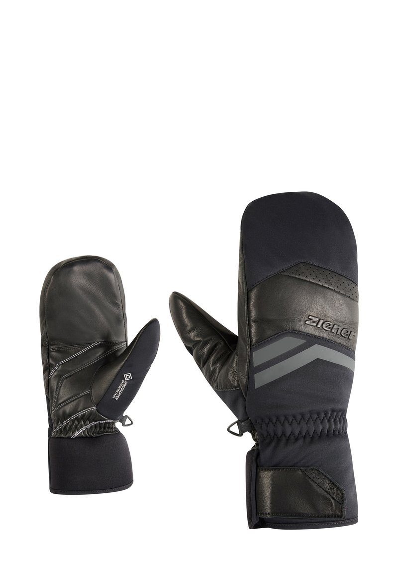 Schwarze Leder- und Textilhandschuhe mit verstärktem Griff, elastischem Bund und grauen Akzenten. Das Design umfasst einen Daumen und einen separaten Zeigefinger.