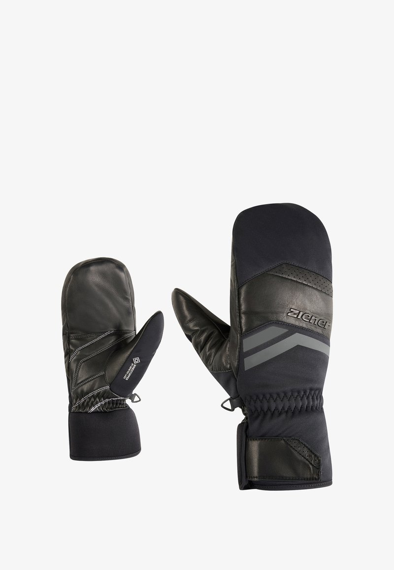 Schwarze Leder- und Textilhandschuhe mit verstärktem Griff, elastischem Bund und grauen Akzenten. Das Design umfasst einen Daumen und einen separaten Zeigefinger.