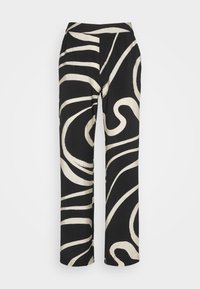 Zwarte broek met een hoge tailleband, wijde pijpen en een gedurfde witte abstracte spiraalpatroon. Gemaakt van een gladde, lichte stof.