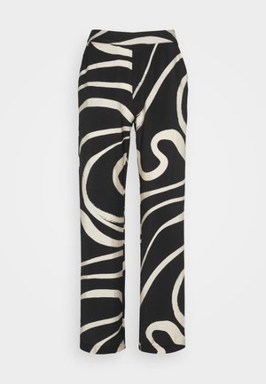 Crne hlače s visokim strukom, širokim nogavicama i hrabrim bijelim apstraktnim uzorkom spirale. Napravljene od glatkog, laganog materijala.