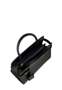 Borsa a mano in pelle nera con un design strutturato, doppio manico e scomparto interno con zip. Texture liscia e accessori in tonalità argento.