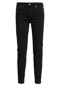 Svarta smala jeans i denim, med hög midja, fem fickor, metalldetaljer och en slät yta med minimal detaljering.