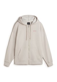 Hellbeige Zip-Up-Hoodie mit einer Kapuze mit Kordelzug, Fronttaschen, gerippten Bündchen und pinkem Logo auf der linken Brust. Weicher Stoff.