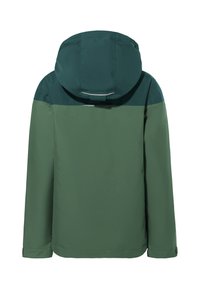 Grüne Kapuzenjacke mit zweifarbigem Design; dunkleres Grün an den Schultern, helleres Grün am Körper; glatte Textur, lange Ärmel mit Bündchen.