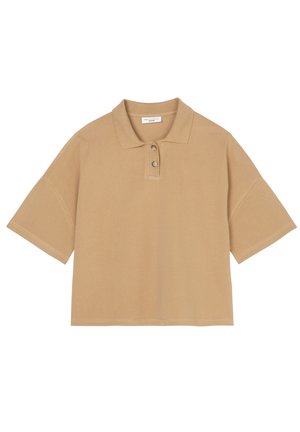 Koszulka polo z krótkim rękawem w jasnobrązowym kolorze, wykonana z bawełny. Posiada klasyczny kołnierzyk, zapięcie na trzy guziki oraz luźny krój. Gładka tekstura, minimalistyczny design.