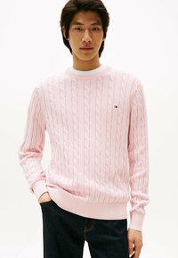 Felpa rosa lavorata a maglia con motivo a trecce, colletto a girocollo e polsini a coste. Abbinata a pantaloni in denim scuro, il modello si presenta con le mani in tasca.