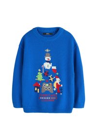 Pulover tricotat albastru care prezintă o scenă jucăușă de Crăciun cu un om de zăpadă, copaci, Moș Crăciun și o consolă de jocuri. Guler și tiv cu model răsucit.