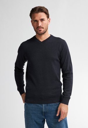 Dark gray, long-sleeve v-neck sweater made of soft fabric. Features ribbed cuffs and hem, paired with blue jeans. Simple, clean lines.