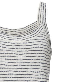 Top senza maniche realizzato in tessuto leggero con una base bianca e strisce orizzontali blu scuro, dotato di scollatura quadrata e una texture sottile.