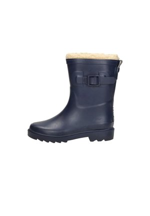 Botte d'hiver imperméable bleu marine avec doublure en polaire, boucle latérale réglable et semelle robuste pour usage extérieur.