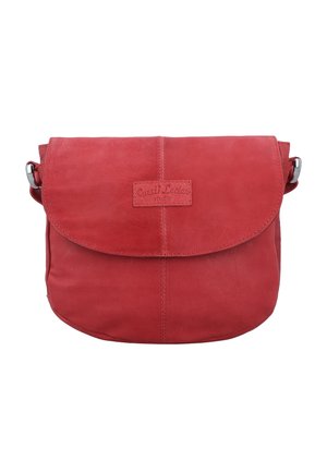 Red leather crossbody bag with flap closure and visible stitching, featuring a small rectangular patch with brand name on the front.