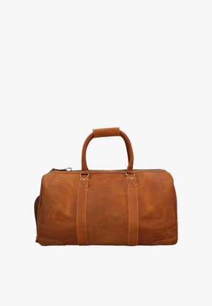 Sac de voyage en cuir marron avec poignées doubles, sangles frontales et fermeture éclair supérieure sur fond blanc.