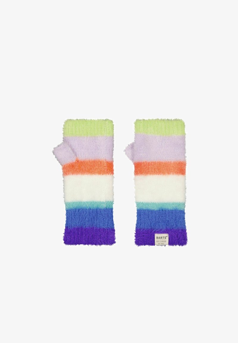 Fuzzy fingerless gloves with a multicolored striped pattern in purple, orange, green, and blue. Features a brand label at the wrist.