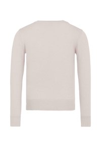 Maglione beige chiaro con maniche lunghe, scollatura rotonda e fondo a costine. Texture liscia, design semplice e colore uniforme senza motivi visibili.