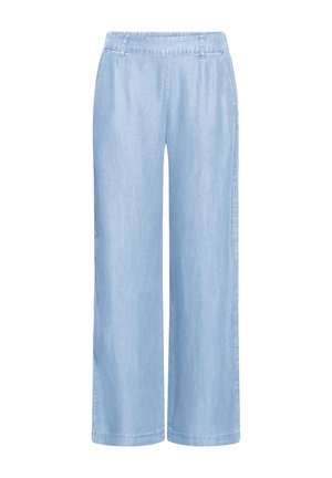 Gaiši zili plašas kājas džinsu bikses ar elastīgu jostasvietu un jostas cilpām, attēlotas uz baltas fona.