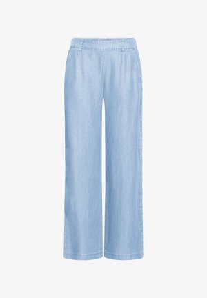 Gaiši zili plašas kājas džinsu bikses ar elastīgu jostasvietu un jostas cilpām, attēlotas uz baltas fona.