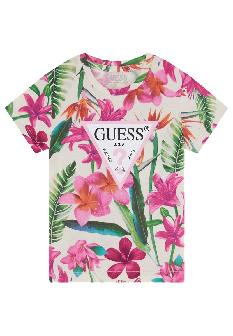 Kra short-sleeve kokvilnas T-krekls ar ziedu rakstu rozā, zaļā un dzeltenā krāsā. Iebūvēts balts trīsstūris ar "GUESS" logo centrā.
