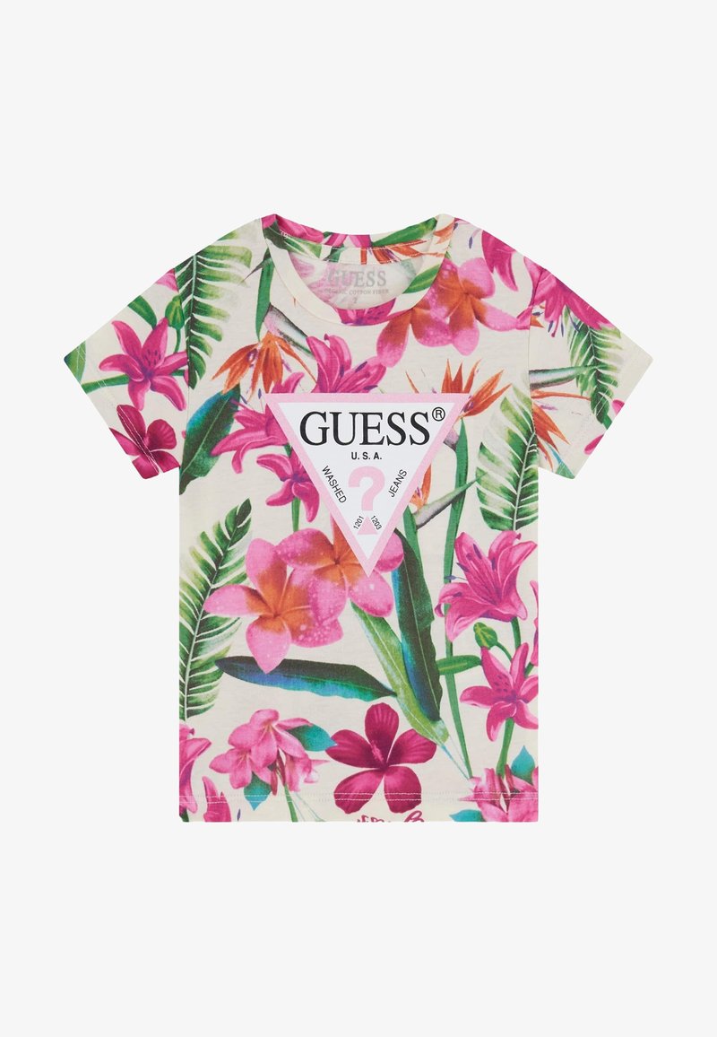Kurzärmliges T-Shirt aus Baumwolle mit einem floralen Druck in Pink, Grün und Gelb. Mit einem weißen Dreieck in der Mitte mit dem "GUESS"-Logo.