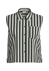 Camisa sin mangas de rayas verdes y blancas con cuello puntiagudo, botones en la parte delantera y un bolsillo en el pecho. Fabricada con tejido ligero.