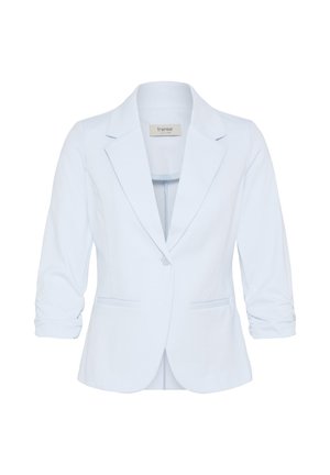 Hele sinine naiste bleiser sälgutud krae, ühe nupuga kinnitusega, kokkusurutud kolmeveerandvarrukatega ja kahe esiäärega taskuga.