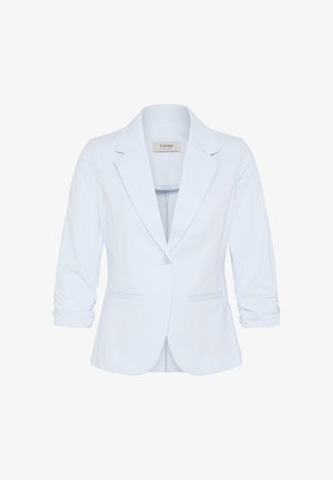 Hele sinine naiste bleiser sälgutud krae, ühe nupuga kinnitusega, kokkusurutud kolmeveerandvarrukatega ja kahe esiäärega taskuga.