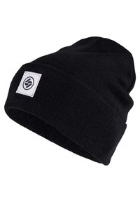 Schwarze Strickmütze mit umgeschlagenem Bündchen. Verfügt über ein weißes quadratisches Patch mit einem runden Logo. Weiche Textur und passgenaues Design für Wärme.