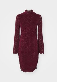 Burgundin pitsikleid, millel on pikad varrukad ja kõrge kaelus. Lilledemuster ja lainelised servad. Kehakujuline siluett.